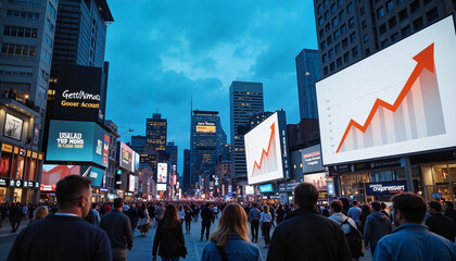 Economic Growth and Financial Success Displayed on Digital Billboards in a Busy City