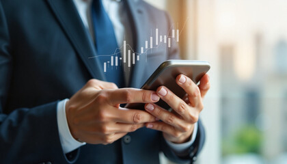 Businessman Using Smartphone for Financial Trading and Market Analysis