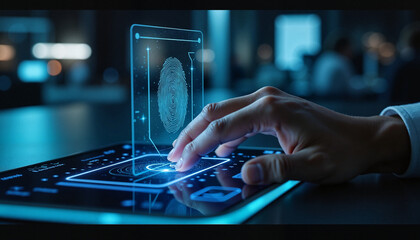 Futuristic Biometric Fingerprint Scan on Holographic Digital Interface
