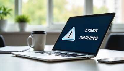 Laptop Displaying Cyber Warning Alert in a Modern Office Setting