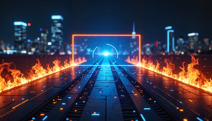 Futuristic Cyber Highway with Neon Lights and Fire in a Digital Cityscape