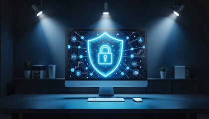 Cybersecurity and Data Protection Shield on Computer Screen in Dark Workspace
