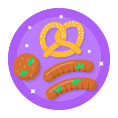 sausages bratwurst with sauerkraut, and pretzels concept, Oktoberfest Classic Meal vector icon design, German cuisine symbol Germany Serving Platter sign European gastronomy food culture illustration 