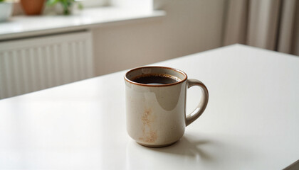 Rustic Ceramic Coffee Mug with Black Coffee on a Minimalist White Table