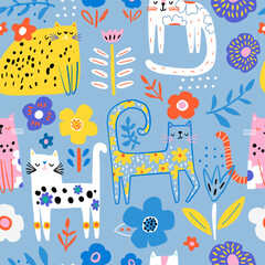 Seamless childish pattern with floral cute hand drawn cats. Creative pastel blue kids hand drawn texture for fabric, wrapping, textile, wallpaper, apparel. Vector illustration