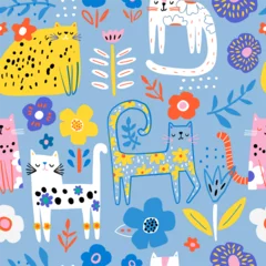 Gardinen Kinderzimmer Muster  Seamless childish pattern with floral cute hand drawn cats. Creative pastel blue kids hand drawn texture for fabric, wrapping, textile, wallpaper, apparel. Vector illustration  © solodkayamari