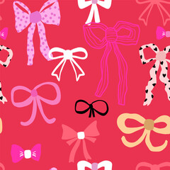 Seamless pattern with cute hand drawn bows. Girlish texture with colorful bows for fabric, textile, apparel. Vector illustration