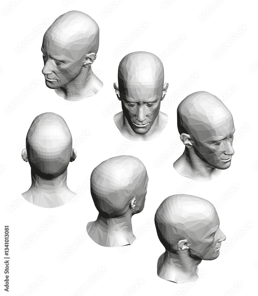 Poster a series of different head shots of a man. the head shots are all in different positions and angles,