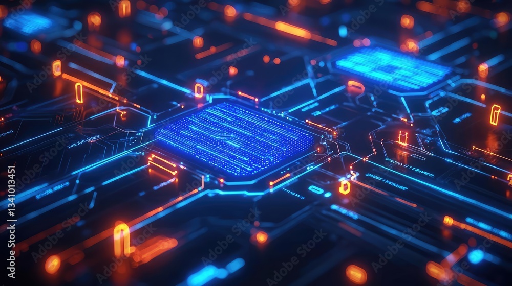 Poster cybersecurity transfer of data in network security concept. futuristic digital circuit board in vibr