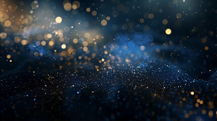 Obraz premium Elegant abstract background with dark blue and gold particles, Abstract dark blue and gold particle background with Christmas golden light bokeh, shining particles on navy blue, gold foil texture