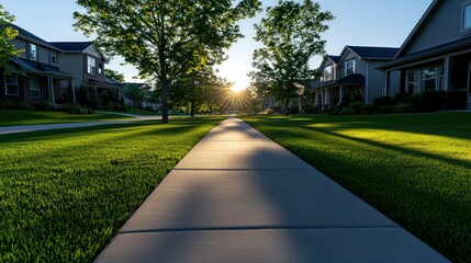Obraz premium Sunset path through residential neighborhood