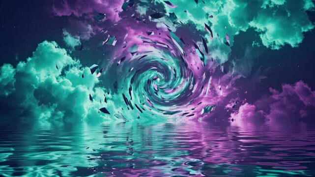 A surreal fusion of a molten silver pool reflecting an otherworldly sky, where jagged teal cloud fragments float like broken glass, merging into a swirling vortex of neon purple mist at the core