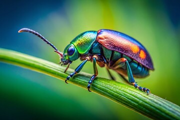 Naklejka premium Macro Photography: Vibrant Green Beetle on Grass Blade