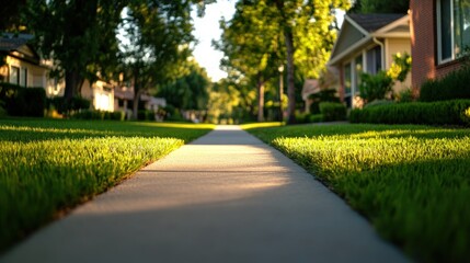 Suburban street scene, sunlit walkway