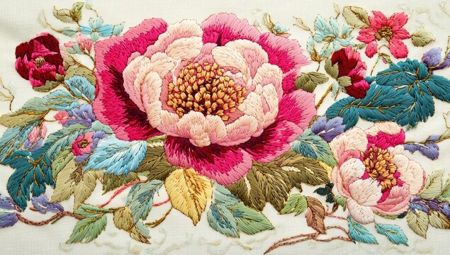 Beautiful floral embroidery featuring peonies and colorful leaves, ideal for textiles and home decor enthusiasts, highlighting intricate craftsmanship and vibrant colors