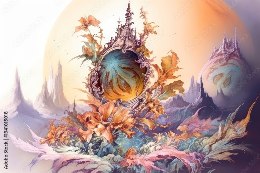 Aufkleber a fantastic landscape with elements of architecture and nature intertwined in a complex composition.