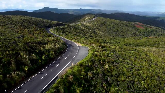 Drone view of an empty winding road in between forest on a sunny day in Cape Reigna, Northland, New Zealand.