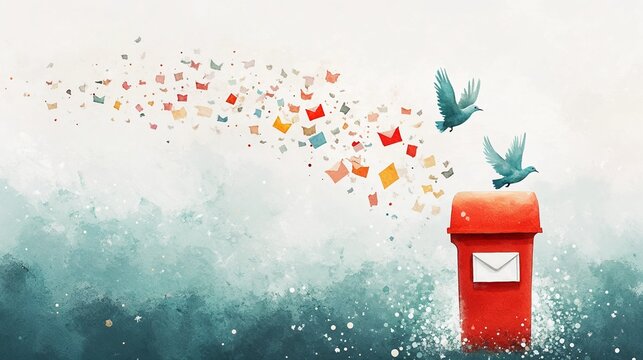 A watercolor illustration of a red postbox with letters and doves flying out representing victory letters. Horizontal Orientation