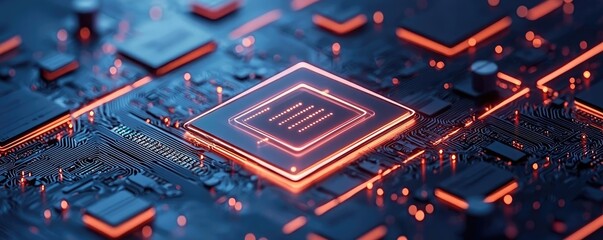 Cybersecurity and technology in network security concept. Close-up view of a computer microchip with glowing circuitry.