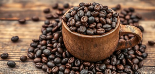 Fototapeta premium Rustic wooden cup overflowing with dark roasted coffee beans, top view, aroma