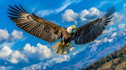 Obraz premium Majestic bald eagle soaring through the expansive blue sky with mountain views