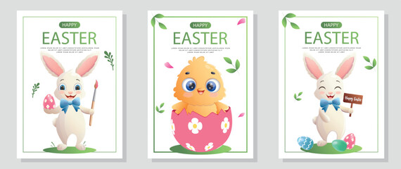 Happy Easter flyer set with decorated with Easter bunny, a chicken and eggs. Vector illustration for, banner, promo, sale, poster.