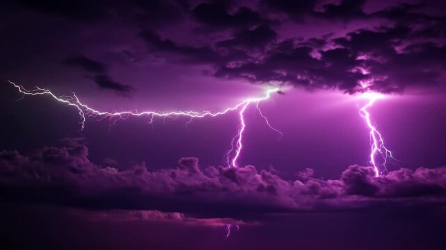 A surreal neon sky with clouds of glowing lavender, where neon lightning bolts in shades of lime-green and fuchsia streak across, leaving trails of sparkling silver that fade into the void