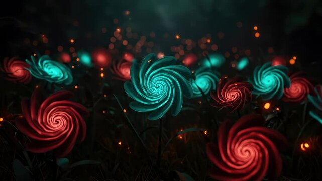 An abstract summer garden with flowers made of glowing teal and crimson spirals, their petals stretching into infinity, surrounded by a haze of flickering orange fireflies