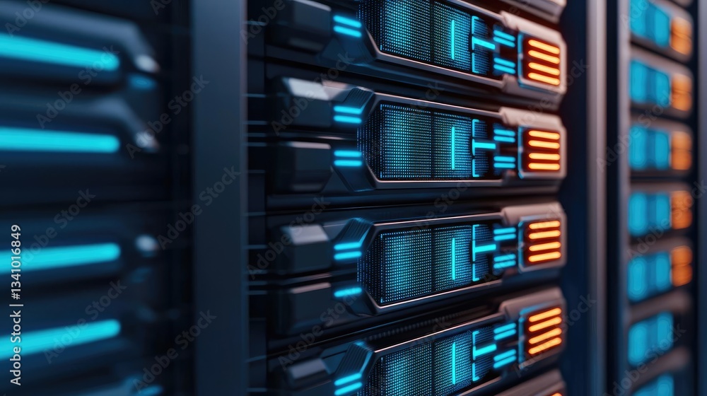 Poster cybersecurity in cyberspace network security protection concept. close-up view of modern server hard