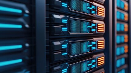 Cybersecurity in cyberspace network security protection concept. Close-up view of modern server hardware with vibrant LED lights.