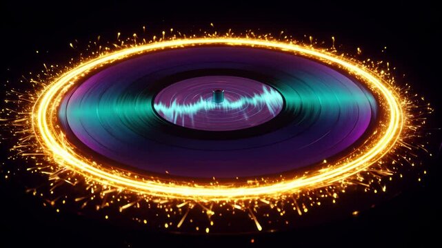 A detailed close-up of a neon-lit vinyl player, its needle glowing with vibrant yellow and indigo hues, the turntable pulsing with iridescent green waves