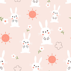 Seamless pattern with bunny rabbit cartoons, daisy flower and sun on pink background vector. 
