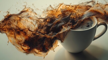 An artistic representation of coffee in a dynamic splash, emphasizing the fluidity and richness of the beverage, creating an enticing visual impact.