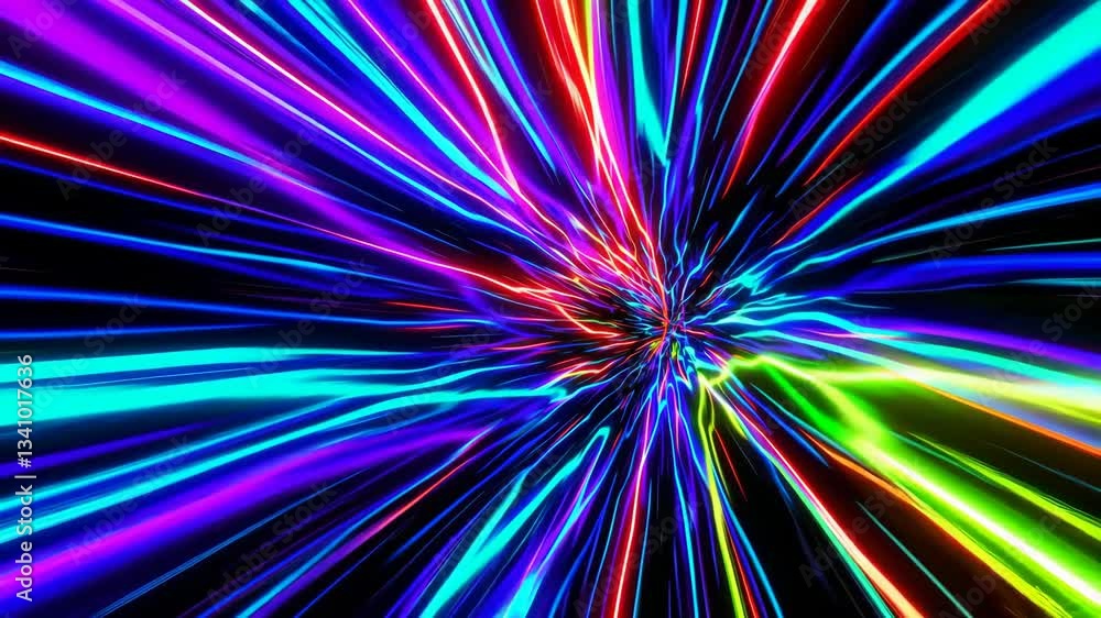Poster Colorful neon light bursts creating a dynamic pattern. Futuristic speed concept