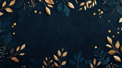 Deep navy fabric texture with soft golden laurel wreaths, leaves. Symbolizing the end of WWII. Horizontal Orientation