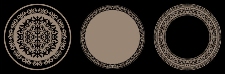
Collection Oriental gold round frames. National ornament, muslim circular frame. Template for round surfaces, textile, engraving, forging, embroidery, plate, sandblasting, print design. Vector