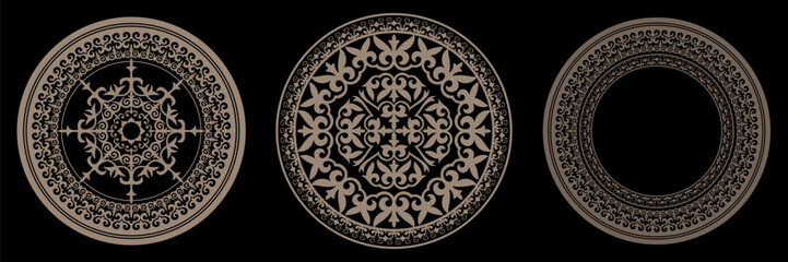 Collection of decorative round gold frames for design with floral ornament. Circle frame. Template for round surfaces, invitations, textile, engraving, forging, embroidery, plate, ceramic,sandblasting