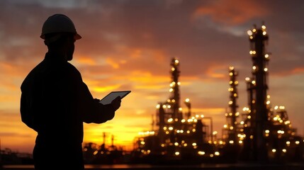A worker s silhouette stands in the foreground against the backdrop of an illuminated oil refinery complex during a vibrant  colorful sunset sky