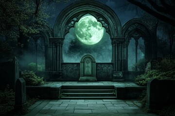 A misty graveyard at midnight, with an old, broken tombstone glowing under the full moon