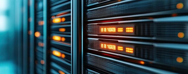Naklejka premium Cybersecurity and technology in network security concept. Close-up of a server rack showcasing illuminated hardware components