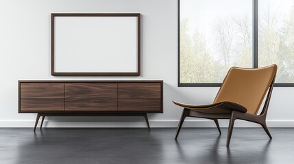 Modern Walnut Wood Cabinet and Leather Lounge Chair in Minimalist Room Interior Design