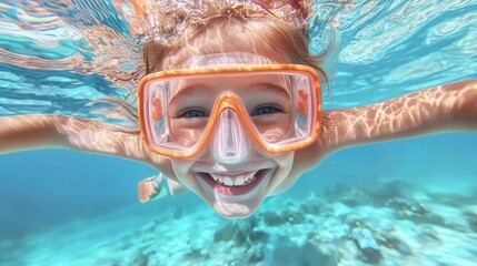 Naklejka premium A young gleeful person s face emerges from the vibrant azure waters showcasing the pure delight and thrill of an underwater snorkeling adventure amid the captivating marine life and coral reefs