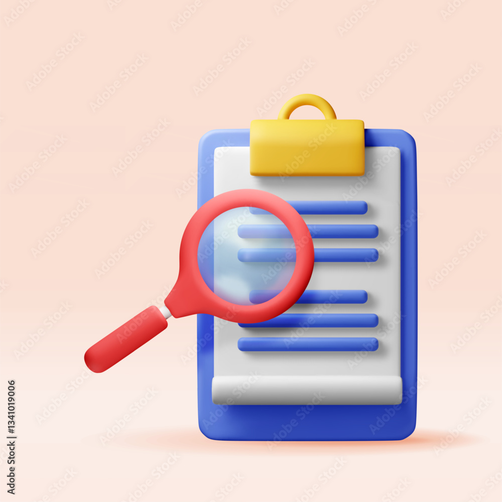 Aufkleber 3d document clipboard with magnifying glass. render analysis and folder with loupe. focus research a