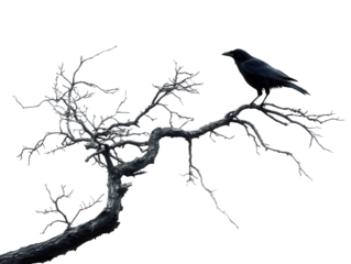 Crow silhouette on a bare tree branch.
