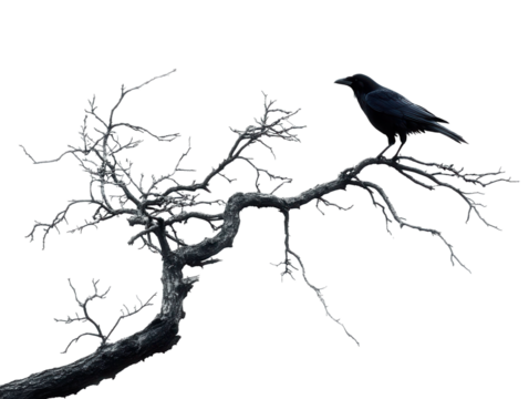 Crow silhouette on a bare tree branch.