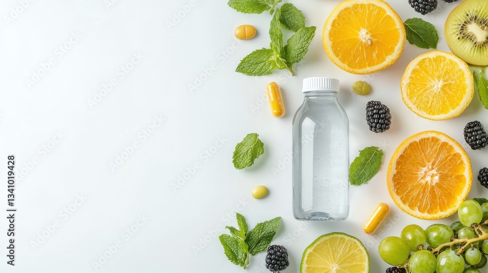 Poster a colorful and enticing arrangement of various fresh fruits such as oranges kiwi grapes and blackber