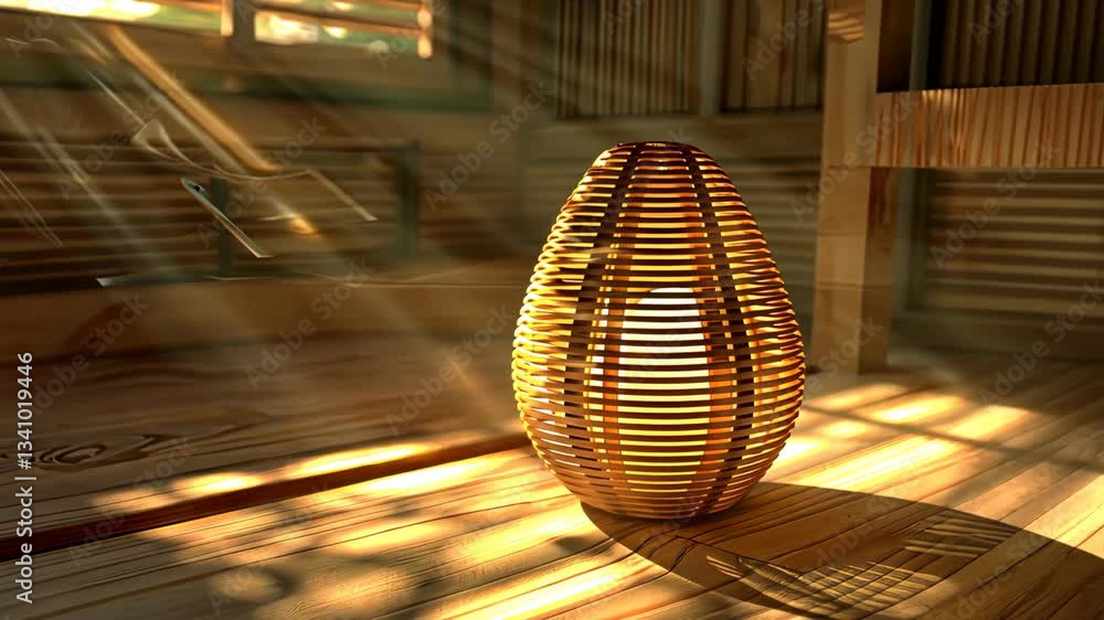 Poster warm sunlight filters through wooden slats, creating beautiful patterns around a uniquely designed l