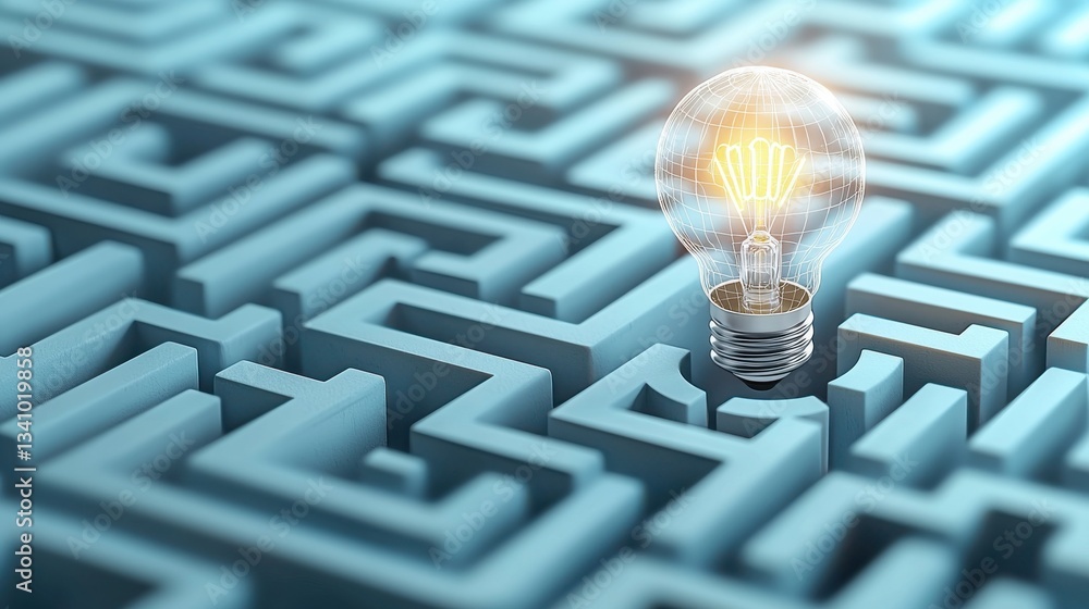 Poster a single glowing light bulb shines through the complex winding maze symbolizing the power of creativ