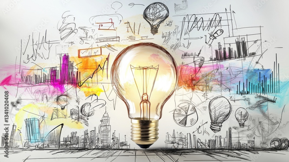 Poster an imaginative urban landscape featuring a central glowing light bulb surrounded by diverse data vis