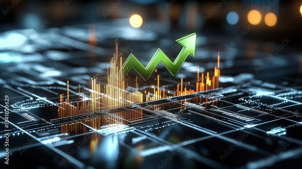 Poster a futuristic cityscape with a holographic display of financial data including graphs charts and stat